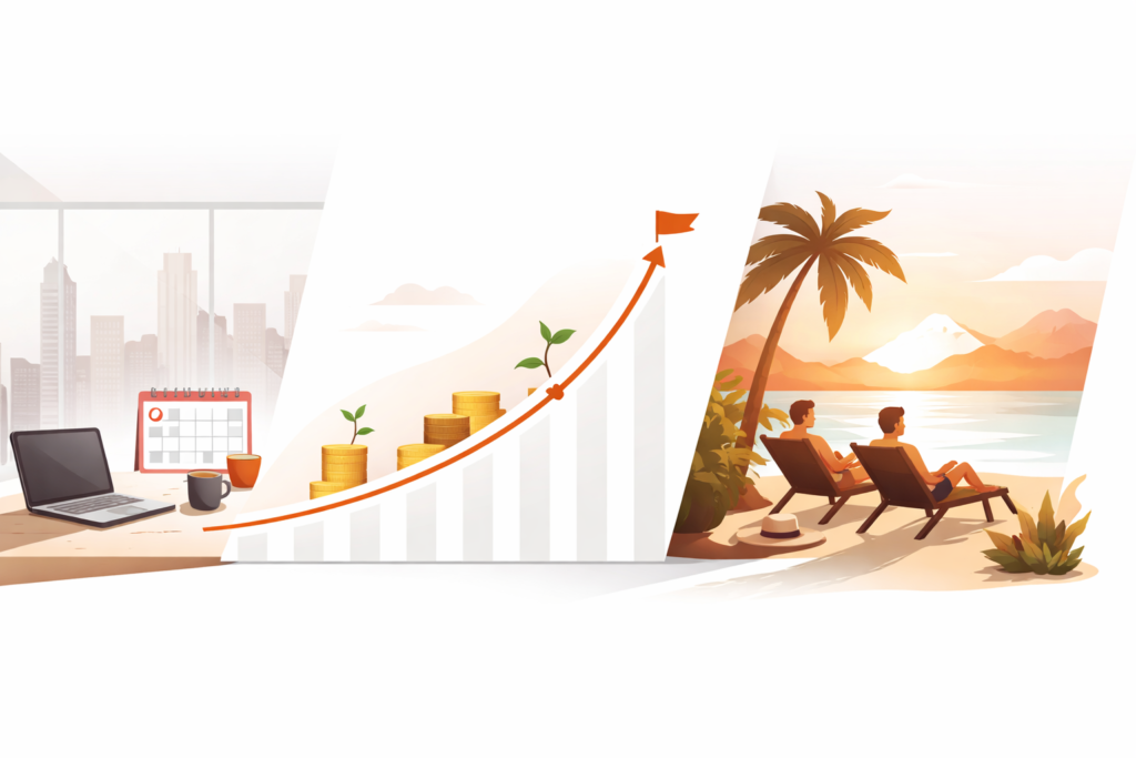 FIRE calculator journey showing the path from working life through building wealth to financial independenc