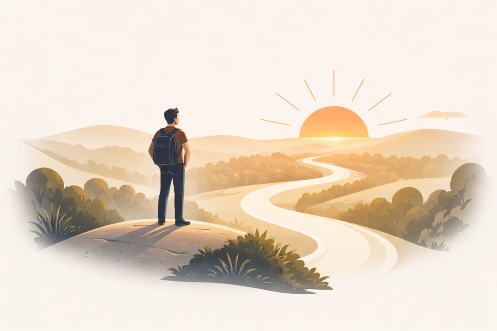 Alt text: Person with a backpack standing on a hilltop, looking at a winding path leading toward the sunrise over a calm landscape