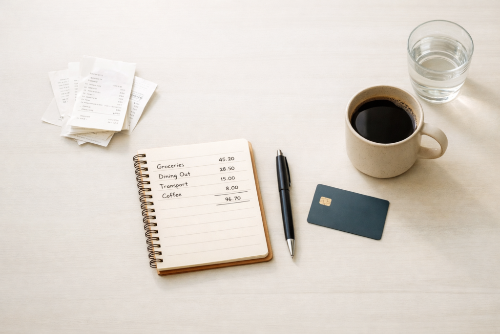 Overhead view of a clean table with a notebook for tracking expenses, a few receipts, a pen, a bank card, and soft natural light. Track your spending with clarity