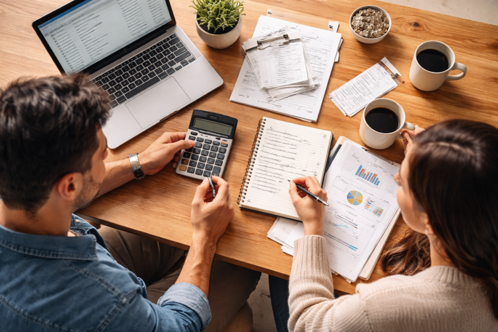 Couple reviewing finances together with calculator, laptop, and budget charts on a table