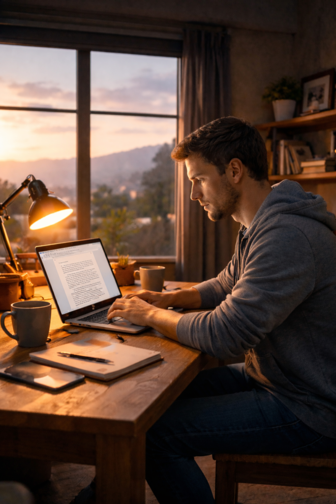 Person working at a desk on a laptop early in the morning with coffee nearby, writing a side project before the workday