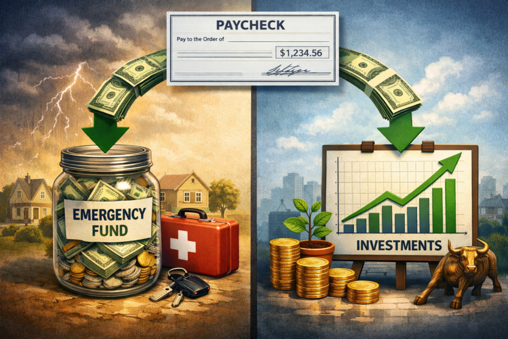 Paycheck splitting into an emergency fund jar and an investments growth chart, representing the parallel savings approach