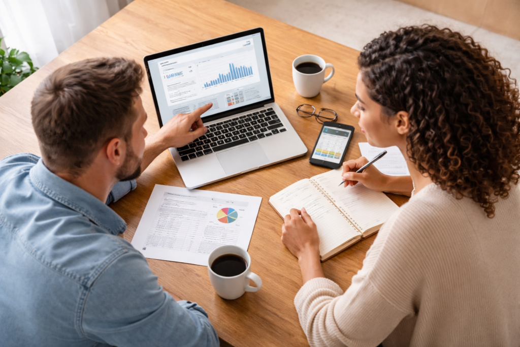 Couple reviewing retirement and financial planning numbers together on a laptop at a table