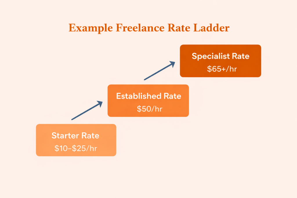 Example freelance rate ladder showing starter, established, and specialist hourly rates