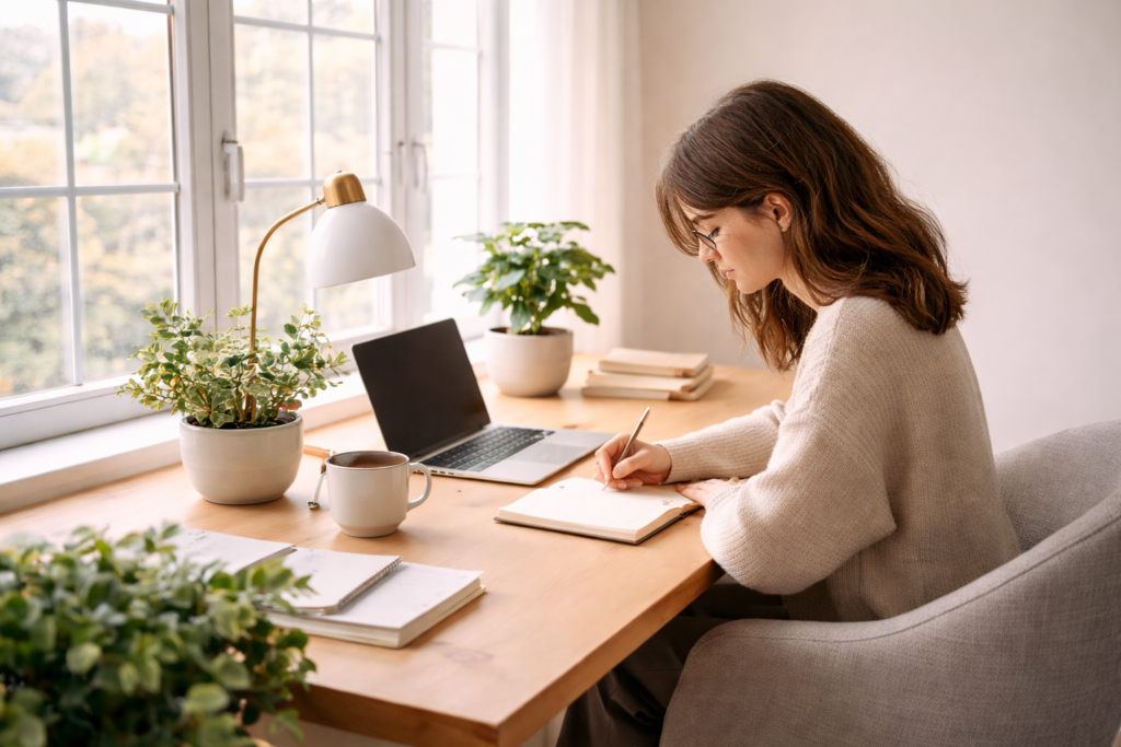 A freelancer working, at her own terms, at a desk near a window in a calm, quiet home workspace