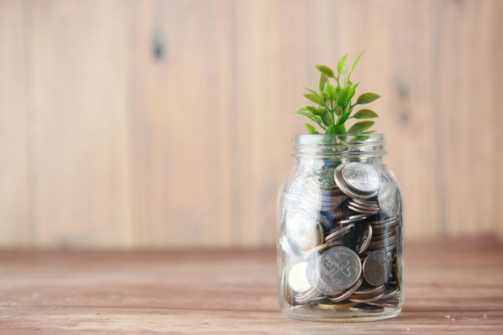 Glass jar filled with coins with a small green plant growing from the top — representing how small savings grow over time