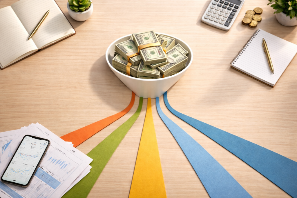 Conceptual image of multiple income streams converging into one financial goal for financial independence