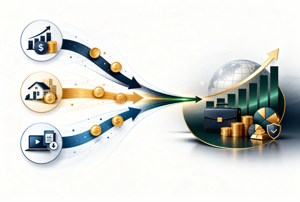 Multiple passive income streams converging into a growing investment portfolio for financial independence
