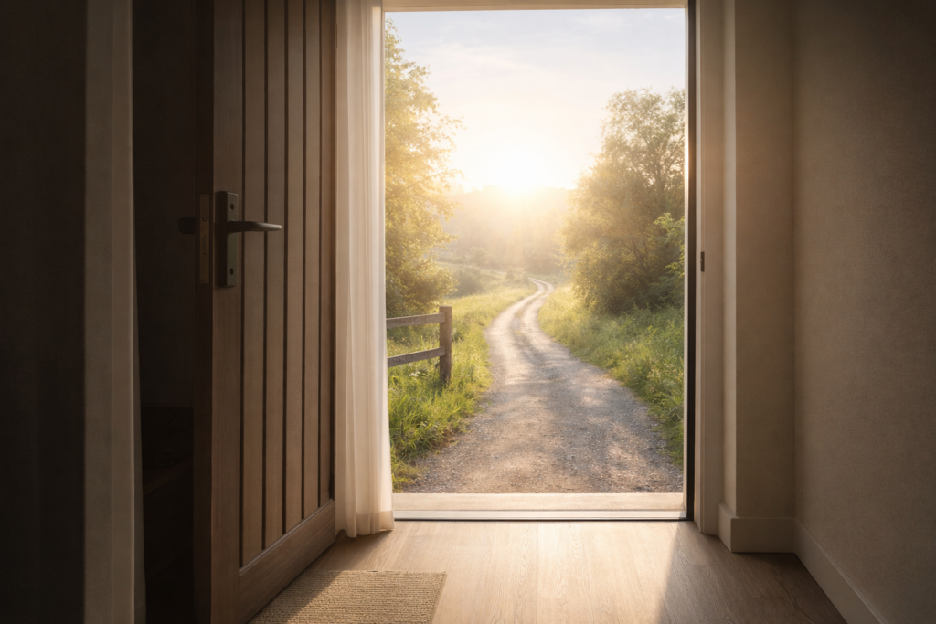 Open doorway leading to a sunlit path, symbolizing progress toward financial freedom and relief from debt
