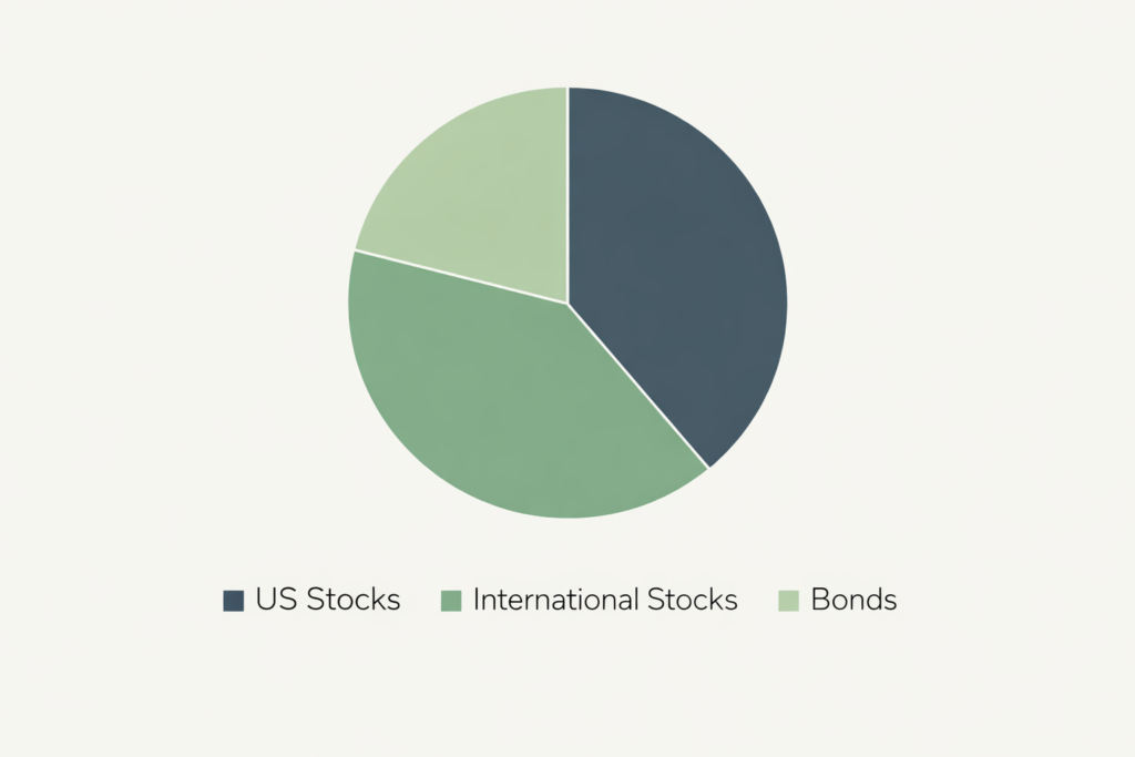 Clean pie chart showing a simple portfolio allocation split between US stocks, international stocks, and bonds